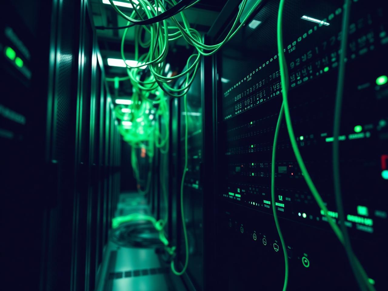 Cabos de rede iluminados em um rack de servidores