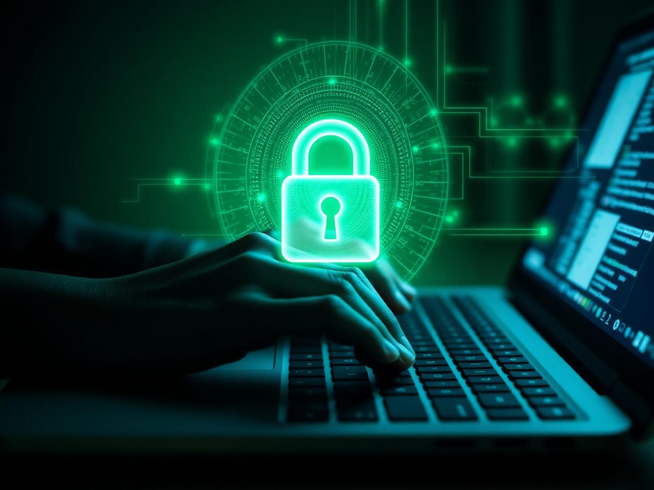 Mãos digitando em um notebook com símbolo de cadeado em destaque